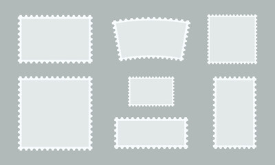 Blank Postage Stamp Template Set - Realistic Perforated Edge Mail Stamps in Various Shapes and Sizes for Postal Correspondence and Philately Design Vector Illustration