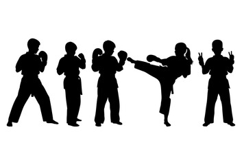 Black silhouettes of children practicing karate and martial arts poses
