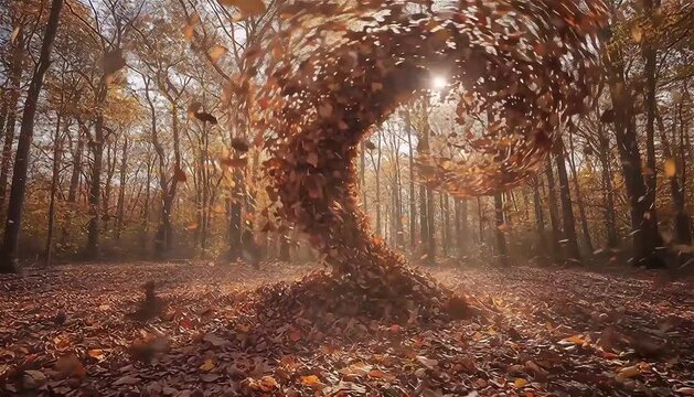 Document the swirling motion of autumn leaves caught in the wind, symbolizing change and the cyclical nature of life.
