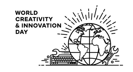 World Creativity and Innovation Day Globe with Tools and Keyboard - Vector Illustration