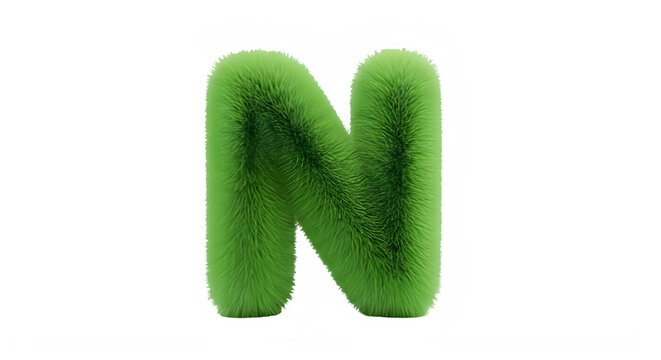 A green fuzzy letter n on a white background