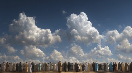Fototapeta premium Vast congregation of individuals observing a collective moment under an expansive sky.