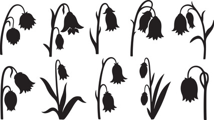 Fototapeta premium Black silhouettes of flowers on white background illustration set