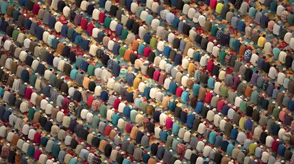 Fototapeta premium Rhythmic Rows of Worshippers in Prayer: A Colorful Abstract Study of Devotion.