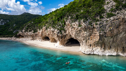 Obraz premium Aerial view of Cala Luna beach in the Gulf of Orosei, Sardinia, Italy.