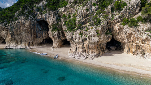 Aerial view of Cala Luna beach in the Gulf of Orosei, Sardinia, Italy.