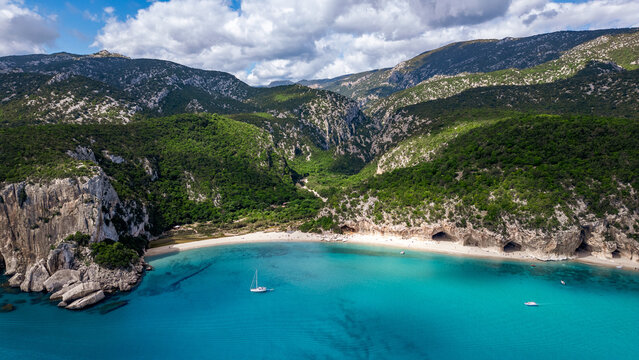 Aerial view of Cala Luna beach in the Gulf of Orosei, Sardinia, Italy.