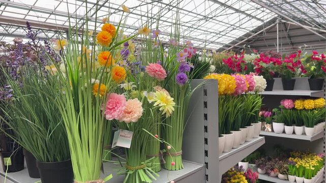 Artificial spring floral arrangements with tall grass, colorful blossoms, and lavender in pots displayed on retail shelving inside a large garden center warehouse.