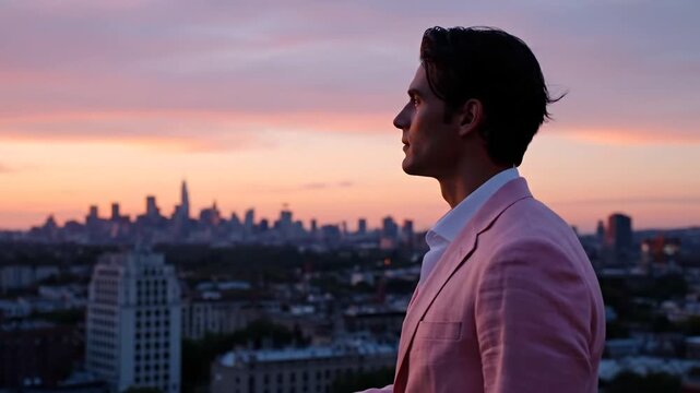 A man in a pink suit looks over a city skyline during sunset as clouds and colorful sky fill the background.