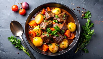Boeuf Bourguignon on Dark Stone Background