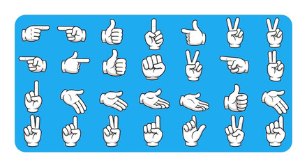A comprehensive collection of diverse hand gestures and symbols displayed against a vibrant blue background.