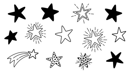 A collection of hand-drawn star illustrations in various styles, including solid black, outlined, and sparkling. © akmal