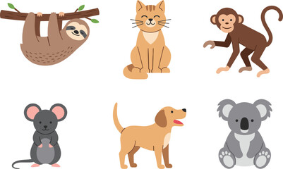 Flat vector illustration set of cute mammal animal character collection including sloth cat monkey mouse dog and koala for wildlife nature education and children. © Shefali