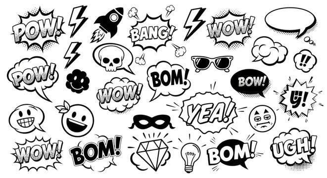 A collection of comic book style sound effects and emojis, including 'POW!', 'BANG!', 'WOW!', 'BOM!', and various expressive faces.