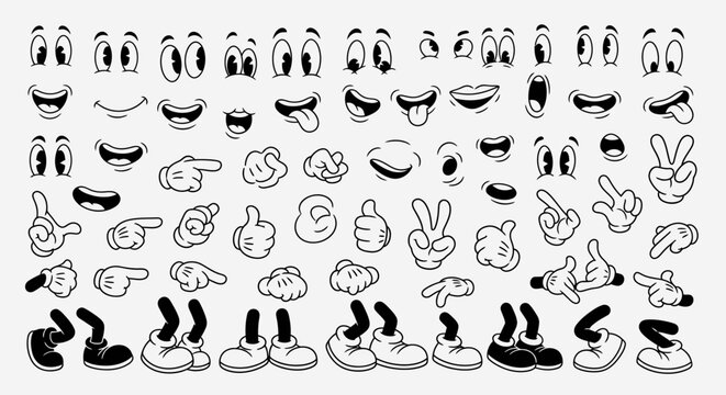 A large collection of cartoon eyes, mouths, hands, and legs for creating characters.