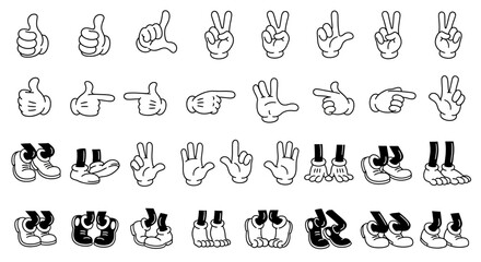 A collection of cartoon hand gestures and feet poses, featuring thumbs up, pointing fingers, and various foot positions in a classic animation style.