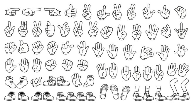 Collection of cartoon hand gestures, footwear, and leg illustrations in black and white.