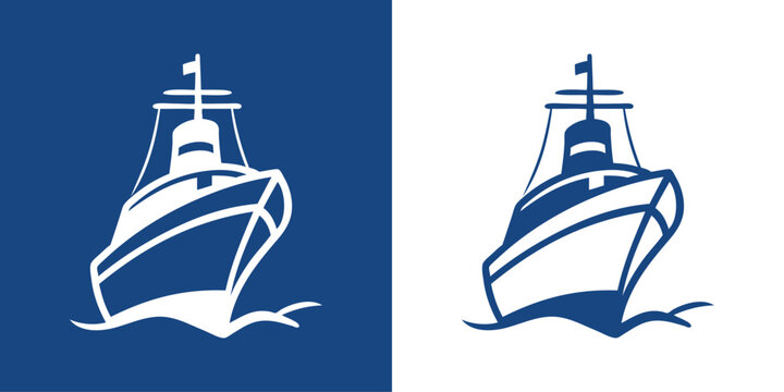 Logo agencia de viajes. Vacaciones de verano. Dibujo minimalista con la silueta de un crucero de lujo, con olas de mar sencillas 