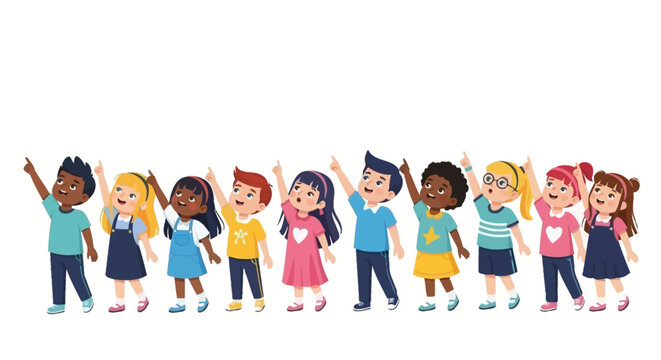 A diverse group of happy children of various ethnicities and genders pointing upwards with their index fingers, suggesting curiosity or excitement.