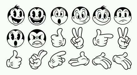 Collection of vintage cartoon faces and hands expressing various emotions and gestures. © akmal