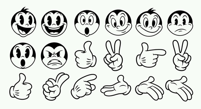 Collection of vintage cartoon faces and hands expressing various emotions and gestures.