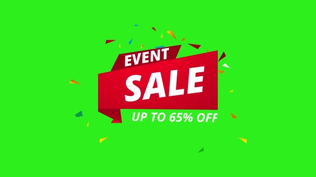 Event Sale Banner Red Ribbon Discount Green Background, Vibrant Colorful Confetti Discount.