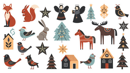 Fototapeta premium festive folk art collection of winter and christmas elements including angels forest animals decorated trees cozy houses and holiday birds.