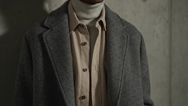 A man stands against a concrete wall, dressed in a gray overcoat and beige shirt, with shadow cast on the wall; appears to be in a contemplative or serious mood, shot from various angles and lighting
