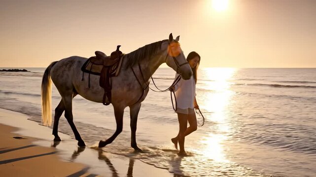 young asian woman walking with white horse on sandy beach at sunset. happy female holding reins, leading saddled animal near sea. summer vacation, travel leisure, lifestyle. friendship and care.