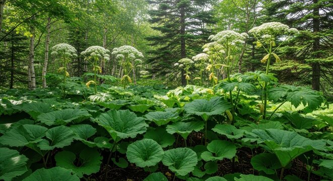 Lush Greenery and Giant Hogweed in a Forest Clearing.
