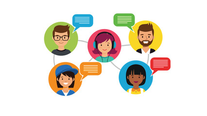 Fototapeta premium Diverse group of people connected through a digital network in colorful circles represent global communication and social media interaction.