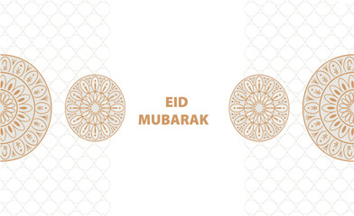 Minimalist eid mubarak banner with gold mandala ornaments and geometric pattern on white background for luxury islamic greeting cards