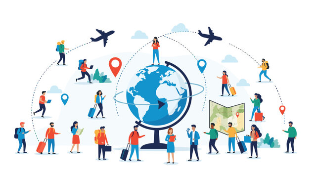 International travel concept featuring a globe surrounded by diverse people with luggage and airplanes flying around the world.