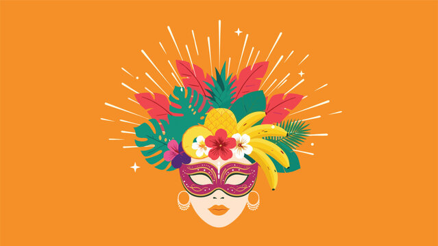 Vibrant carnival mask on a woman face decorated with a festive crown of tropical fruits and exotic flowers against a bright background.