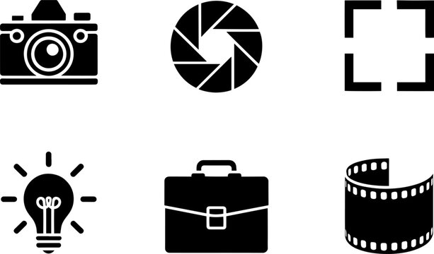 Professional business and multimedia icon set featuring camera aperture bulb briefcase and film strip for web and app design.
