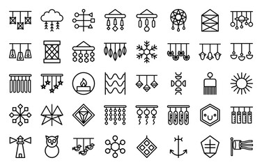 Fototapeta premium Bohemian decorative elements and celestial charms in a technical monoline style. Minimalist line art icons featuring wind chimes, dreamcatchers, and mystical hanging ornaments.