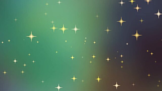 Sparkling yellow starbursts dance across a smooth gradient background transitioning from vibrant green to deep purple, creating a magical, ethereal atmosphere.
