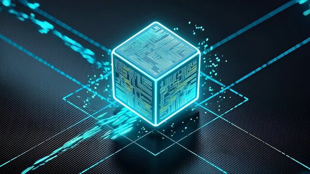 Glowing cube with circuit patterns