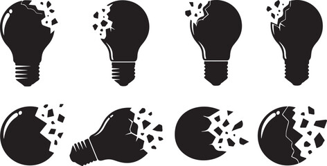 Black light bulb icons with broken and cracked effects