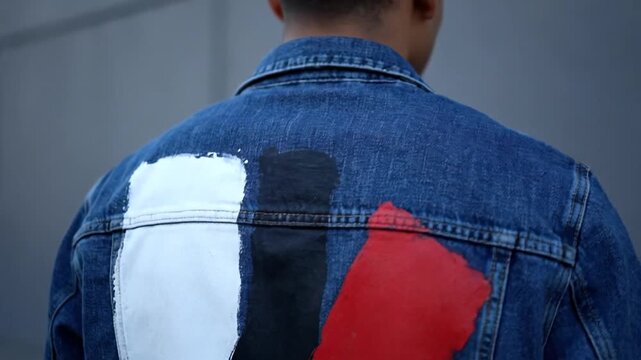 A young man with short dark hair, wearing a denim jacket with abstract red, black, and white painted designs, standing outdoors against a modern gray wall, looking sideways, with changing angles and 