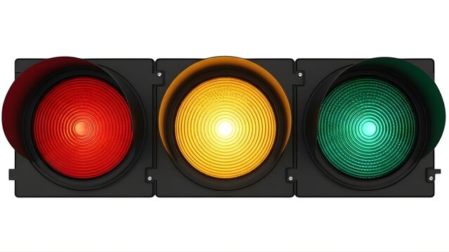 A traffic light with red, yellow, and green lights on transparent background