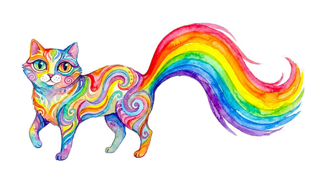 abstract rainbow colorful vector illustration of a cute cat isolaterd white,art , colourful cats kitten on a white background,