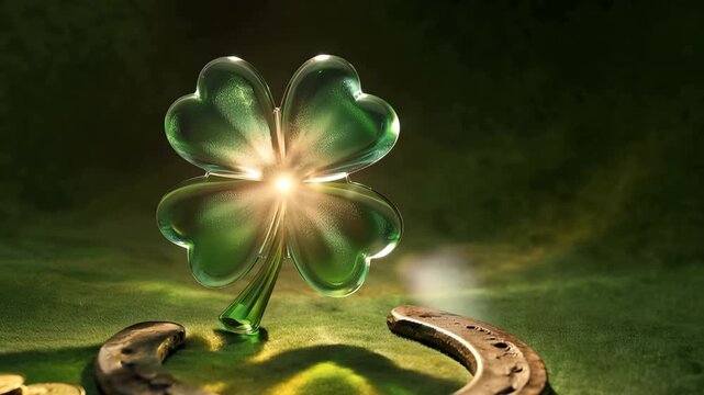 Lucky shamrock, four leaf clover, gold coins and horseshoe on green textile, St Patricks day symbols