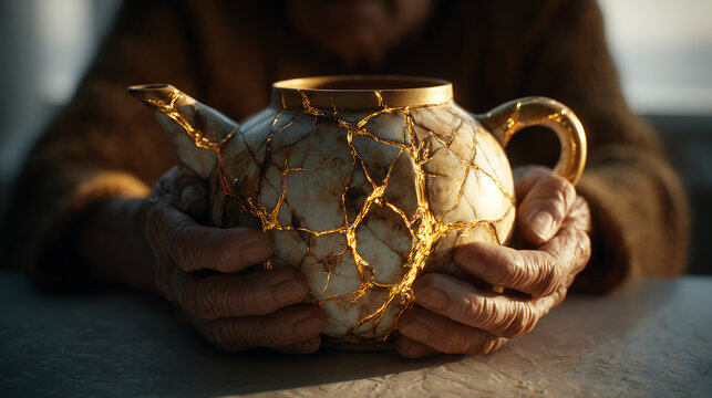 The hands of elderly people holding a cracked ceramic teapot repaired with gold using the kintsugi technique symbolize perseverance, care, craftsmanship, and the beauty of repaired imperfections.