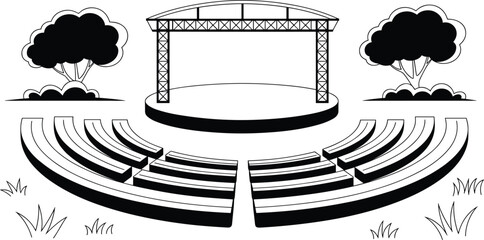 Outdoor amphitheater illustration featuring semi‑circular tiered seating, central stage with roof, columns, and park trees symbolizing architecture, performance, gathering, culture, and decorative gra © Sharon 