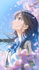 Side profile of a school girl looking up under cherry blossoms in spring blue sky,春風に揺れる髪と桜の花びら 青空を見つめる制服の少女