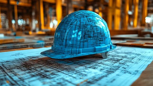 Blue Safety Hard Hat on Architectural Blueprints at a Construction Site.