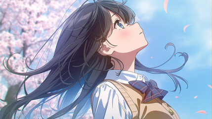Side profile of a school girl looking up under cherry blossoms in spring blue sky,春風に揺れる髪と桜の花びら 青空を見つめる制服の少女