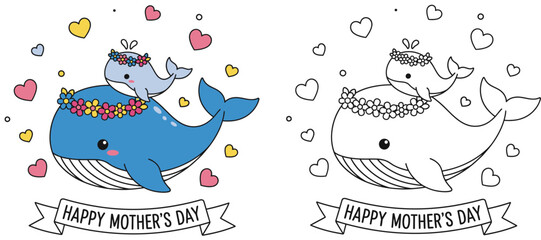 Happy Mother's Day Whale Illustration with Mother and Baby Whale, Adorable Flat Vector Cartoon, Colored and Outline Coloring Page Style with Banner and Hearts
