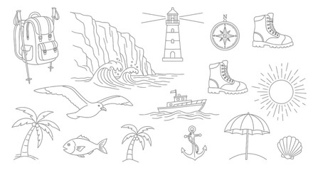 Collection of Various Travel Related Line Drawings.